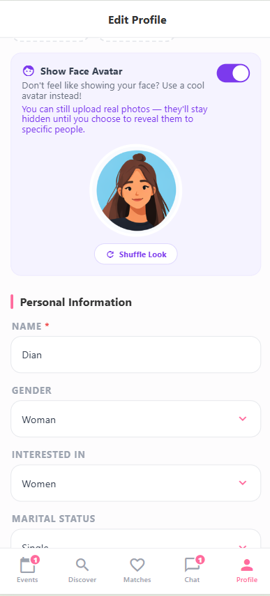 PlaceToDate Edit Profile - Avatar Mode